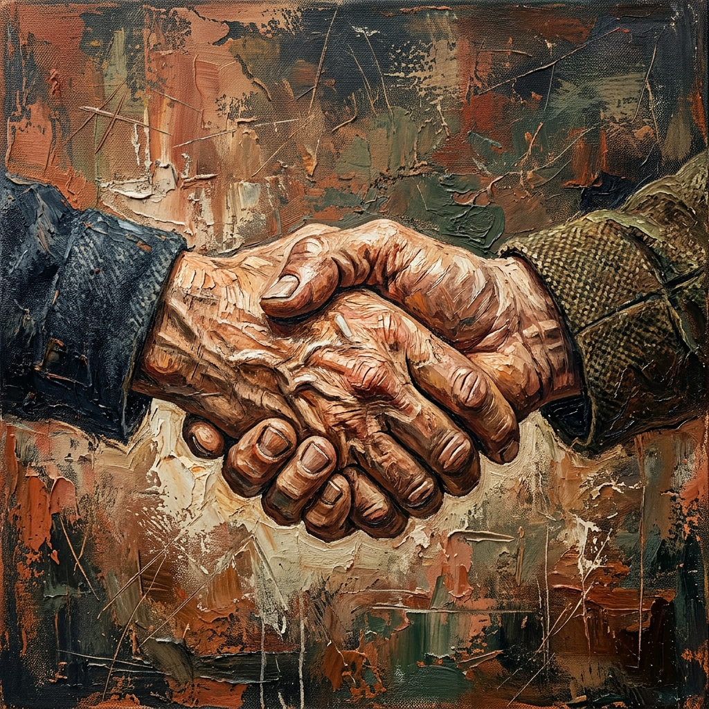 Two textured hands shaking in an oil painting with earthy colors