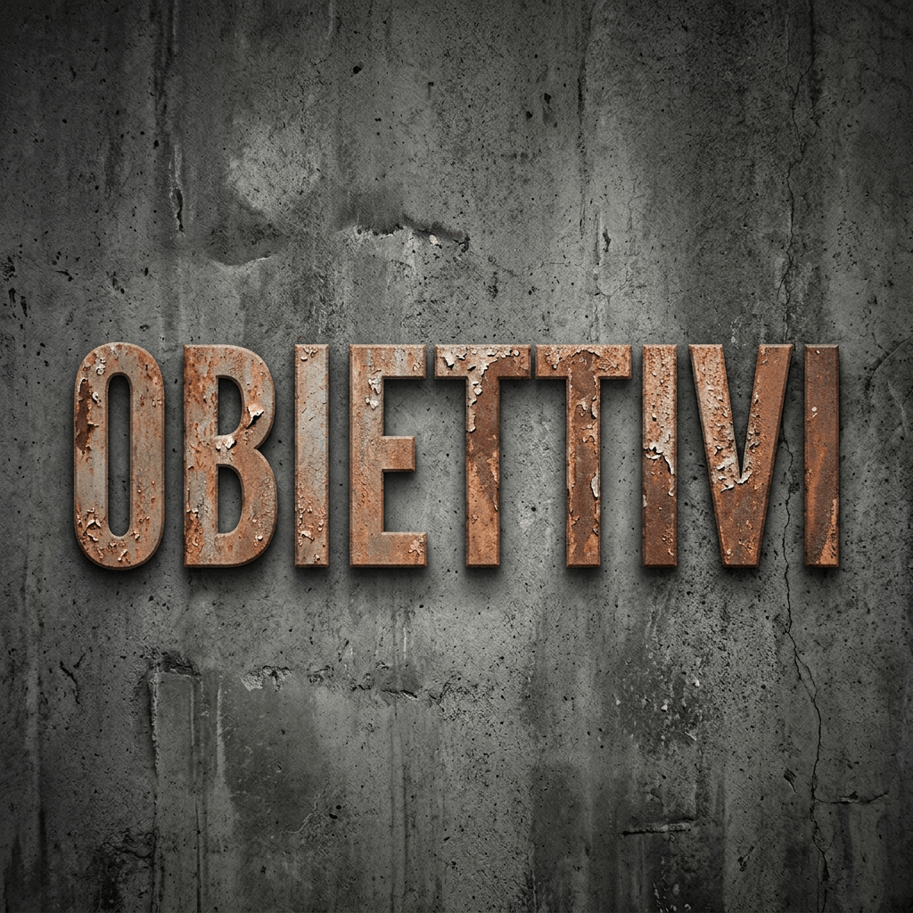 Rusty metal letters spelling 'OBIETTIVI' on a textured concrete wall