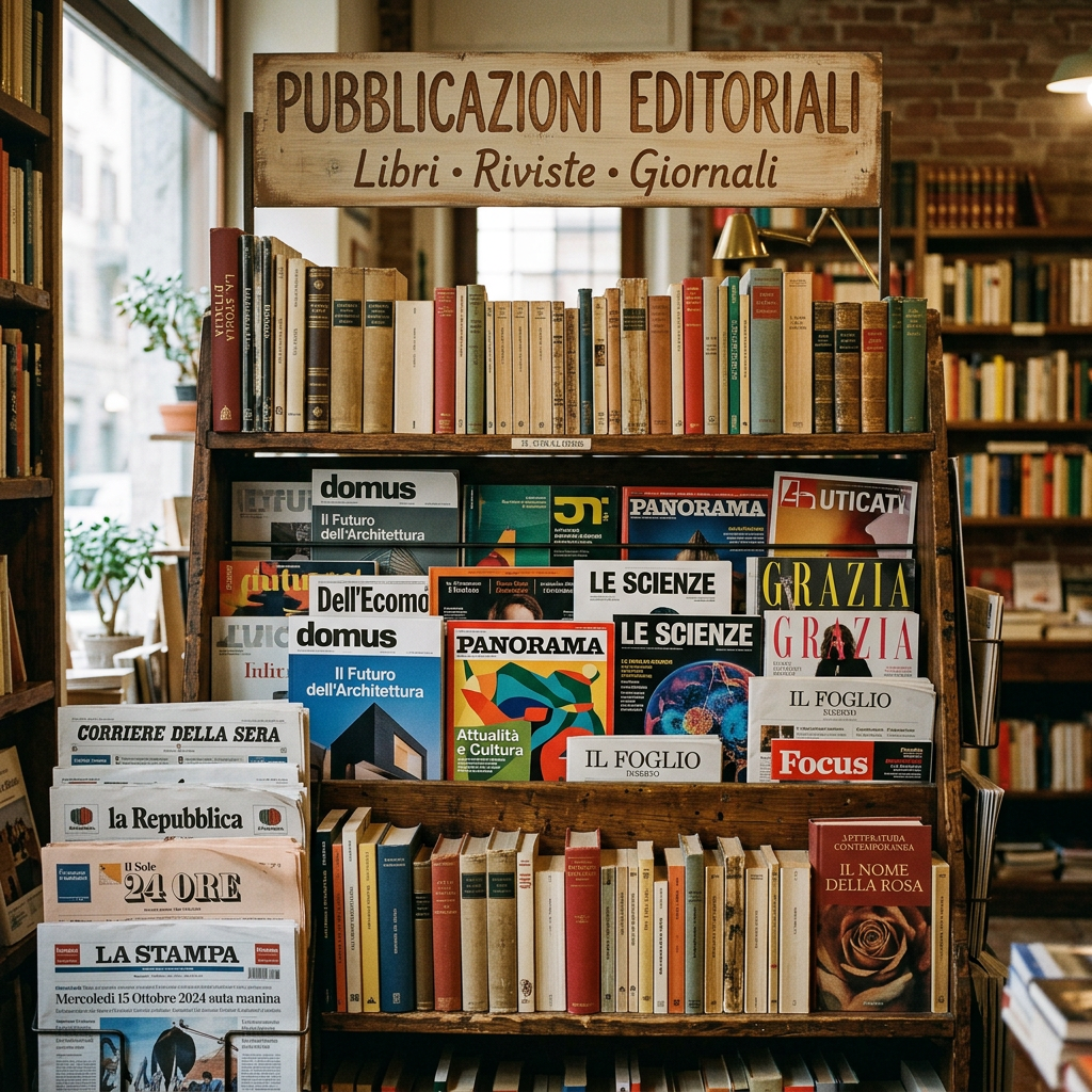 Wooden stand with Italian books, newspapers, and magazines including Domus, Panorama, and La Repubblica