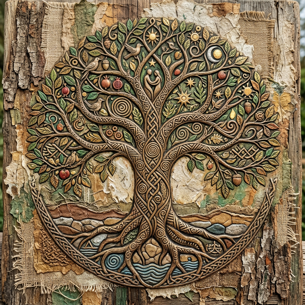 Detailed Celtic tree of life carving featuring birds, fruits, sun, moon, and roots