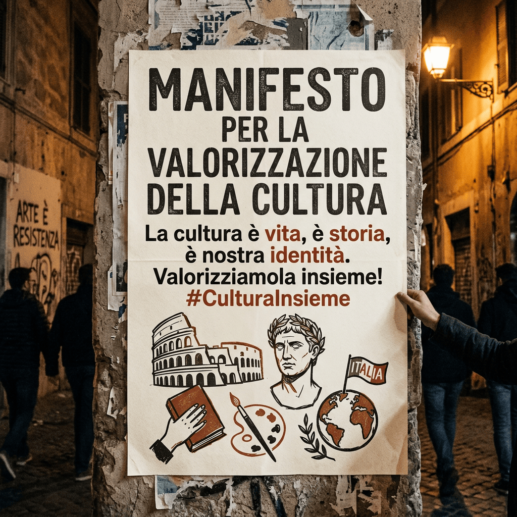 Italian poster reading “Manifesto per la valorizzazione della cultura” with cultural illustrations